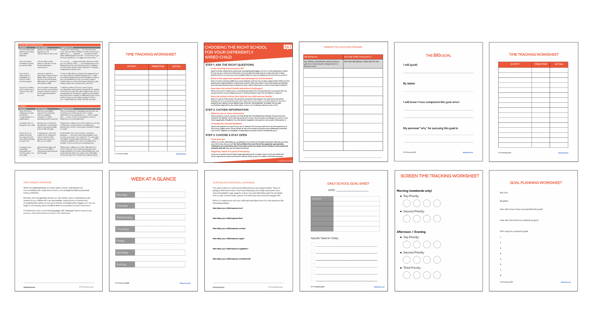 A set of 12 educational worksheet pages arranged in two rows, featuring tables, checklists, bullet points, and rating scales—ideal parenting resources for neurodivergent children—with headings in red and black on a white background.